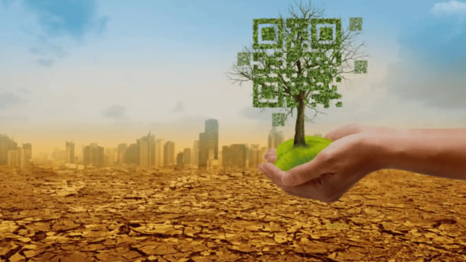An Image of a Tilled Piece of Land with Skyscrapers in the Background and an Illustration of a Human Hand Holding a Tree Superposed with a Green QR Code as Leaves