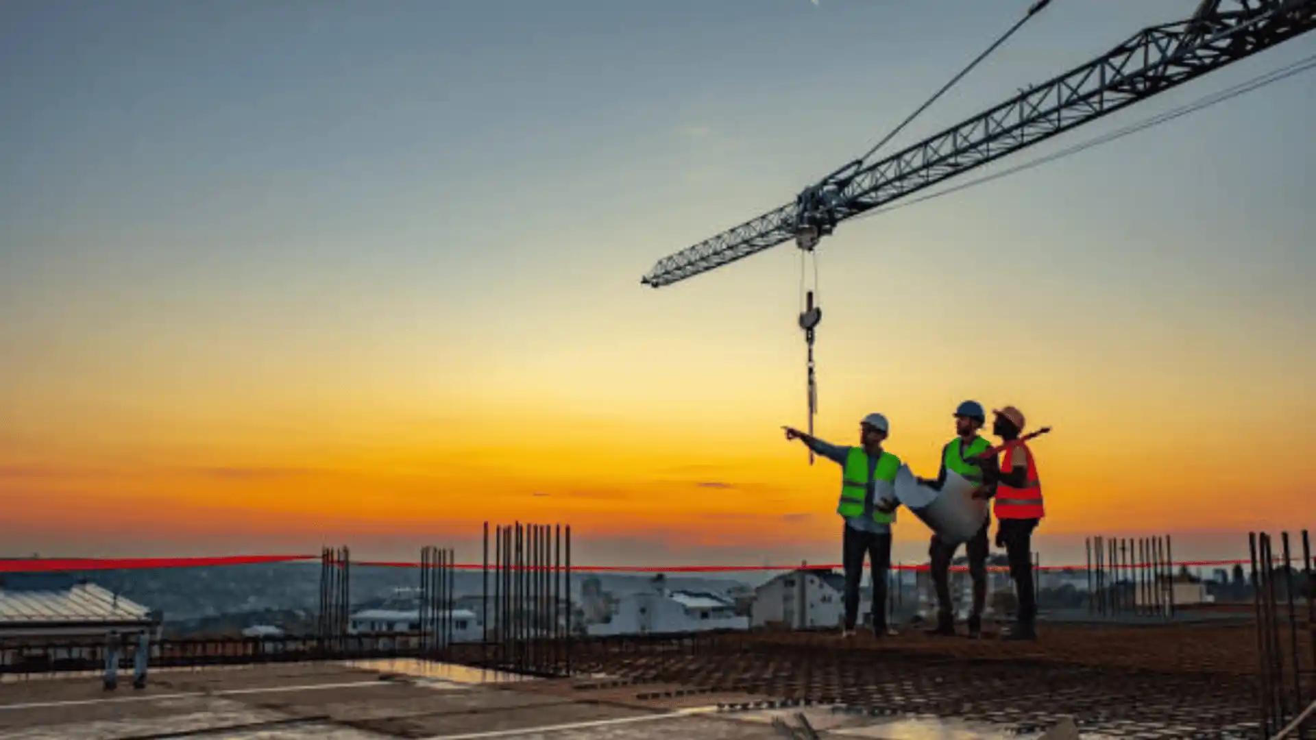 An Image of Construction Workers Standing Below a Crane at a Construction Site